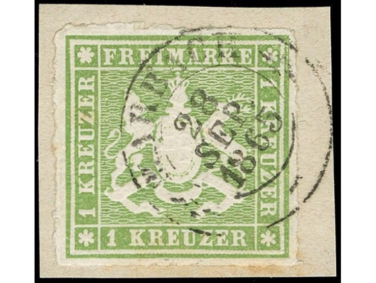 1865, 1 Kr. grün, farbfrisch mit gutem Durchstich und klarem DKr. “MARBACH 28.SEP.1865” auf Briefstück, in einwandfreier Erha