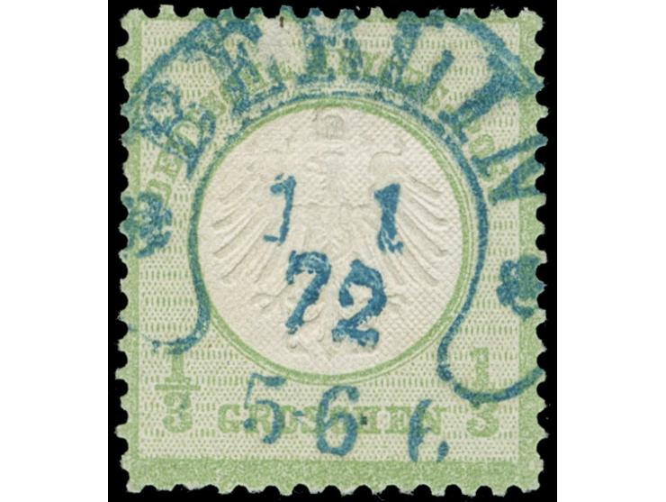 1872, ⅓ Gr. gelblichgrün mit klarem und zentrischen Hufeisenstempel “BERLIN 1.1.72” (Spalink 1N3b) in Blau. Die farbfrische M