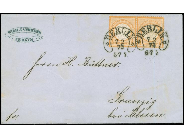 1872, ½ Gr. orange im waagerechten Paar mit zwei sehr klaren Hufeisenstempeln “BERLIN 7.2.73” (Spalink 1N4a) auf Faltbriefhül
