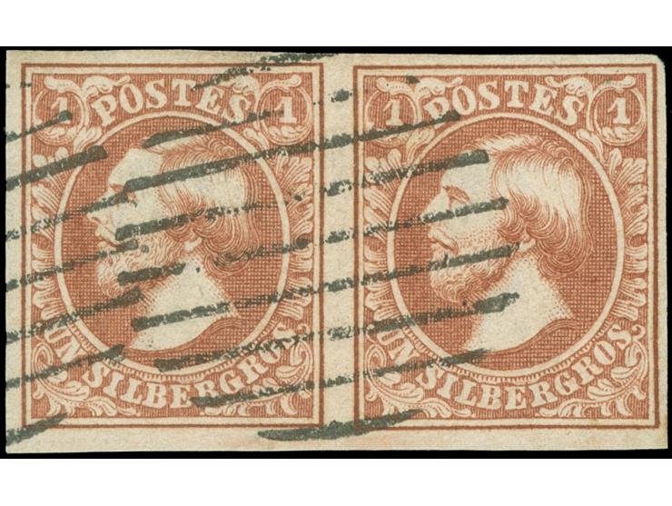 1852, 1 sgr., brownish red, horizontal pair with ample to large margins, neatly cancelled by circle of bars of Luxembourg, vf