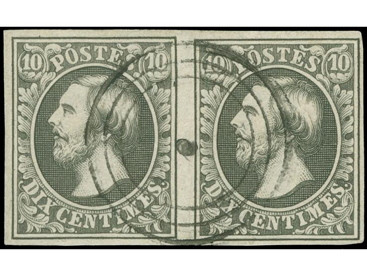 1852, 10 c. geenish black, horizontal pair, good to large margins, central strike of target of Echternach (I), vf. Opinion Bö