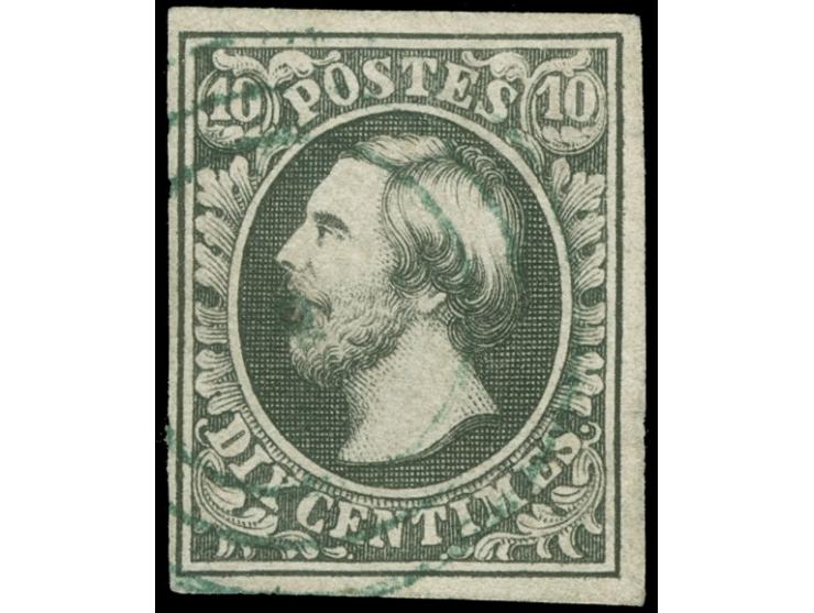 Diekirch, target cancel in green (pointe perforante) on 1852, 10 c. deep black, good margins, vf. Opinion Böttger BPP (2018)
