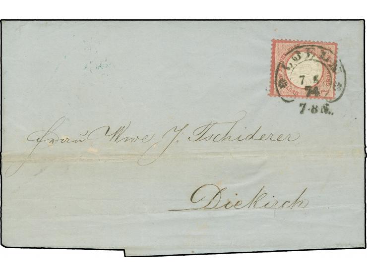 “COELN 7.5.74” (Spalink 4-1N3) klar auf großer Schild 1 Gr. auf kpl. Faltbrief mit rückseitigem DKr. “GARE DE LUXEMBOURG 9.MA