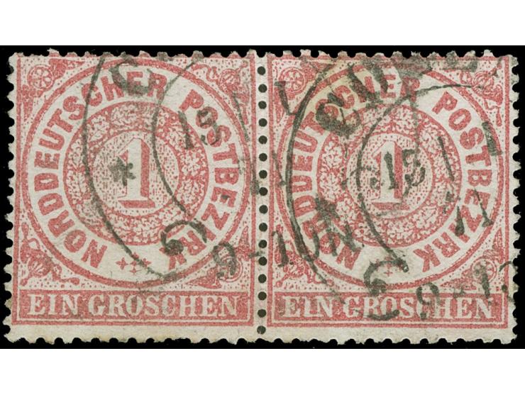 “COELN 215.1.71” (Spalink 4-16) zwei klare Teilabschläge auf waagerechtem Paar NDP 1 Gr. rosarot. Die farbfrischen Marken hab
