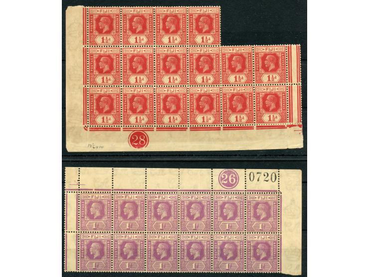 1922/27, George V two blocks 1 d. violet and 1½ d. scarlet with plate numbers “26” and “28”, unused brownish gum, few perfs a