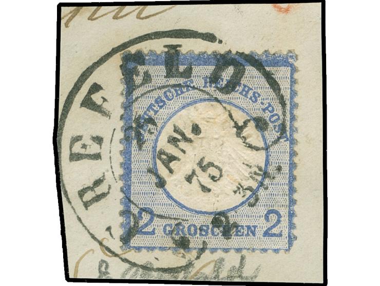 “CREFELD 25.JAN.75” (Spalink 6-5) sehr klar und kpl. auf großer Schild 2 Gr. grauultramarin auf Briefstück. Die farbfrische M