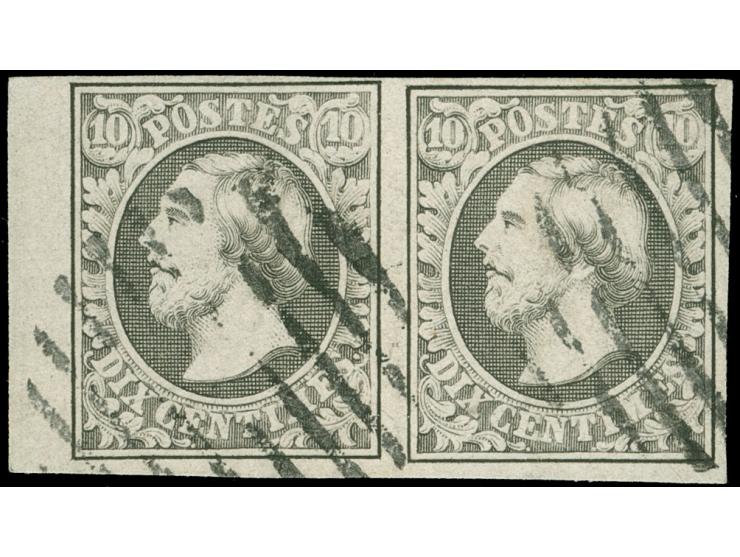 1852, 10 c. gray black, horizontal pair, ample to large margins with 5 mm sheet margin at left. The right stamp tiny thin, ot