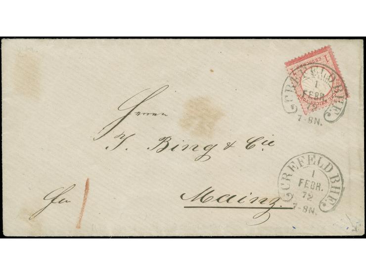 “CREFELD BHF. 1.FEBR.72” (Spalink6-8) klar auf kleiner Schild 1 Gr. karmin auf Briefkuvert mit rückseitig geprägtem Absenderv