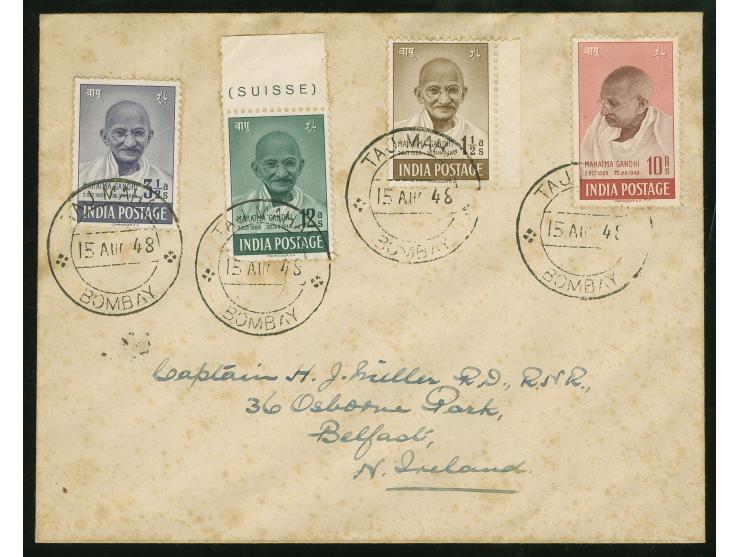 1948, FDC Gandhi complete set of four up to 10 rupee tied to cover by "TAJ MAHAL / BOMBAY / 15 AUG 48" first day cancellation