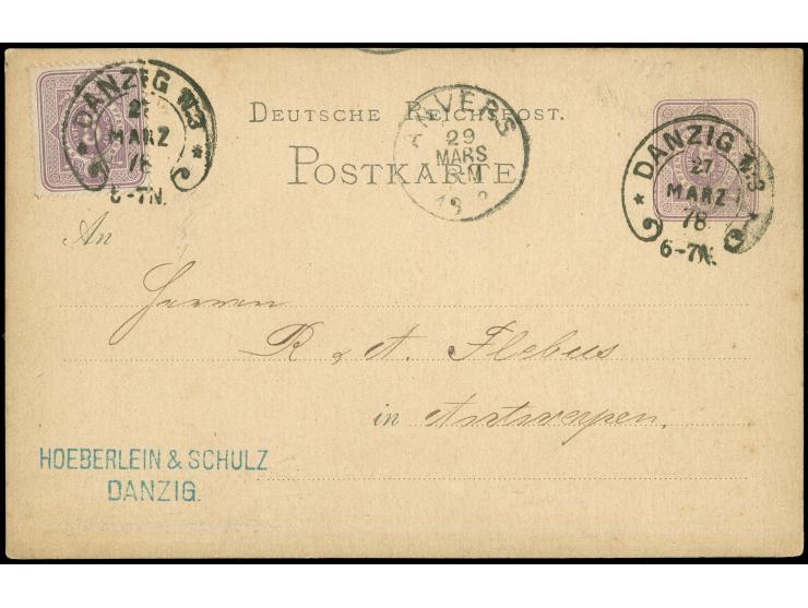 “DANZIG N.3 27.MARZ.78" (Spalink 7-3) zweimal klar auf Ganzsachenkarte 5 Pfge mit tarifgerechter Zufrankatur 5 Pfge violett n