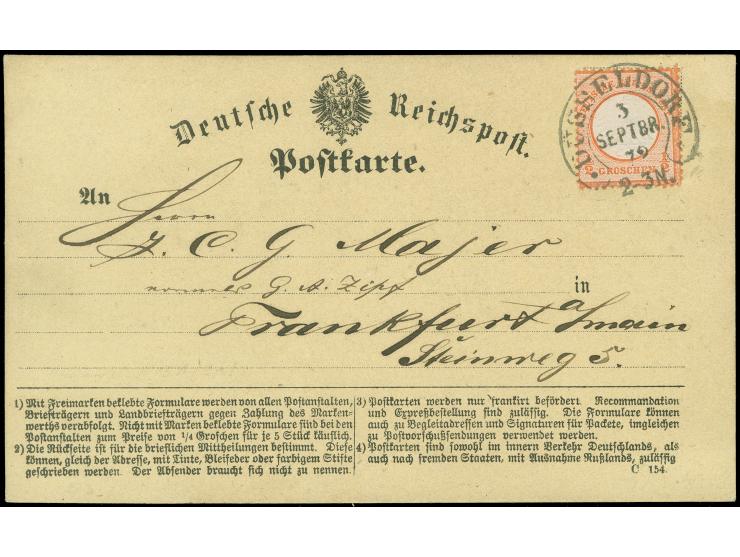 “DÜSSELDORF 3.SEPTBR.72” (Spalink 11-1N2) sehr klar auf kleiner Schild ½ Gr. ziegelrot auf amtlichem Postkarten-Formular nach