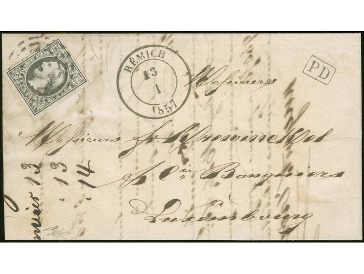 Remich, target with broken circles ('brisés'), on 1852, 10 c. grey black, good margins, with adjacent "REMICH 13 1 1857" on e