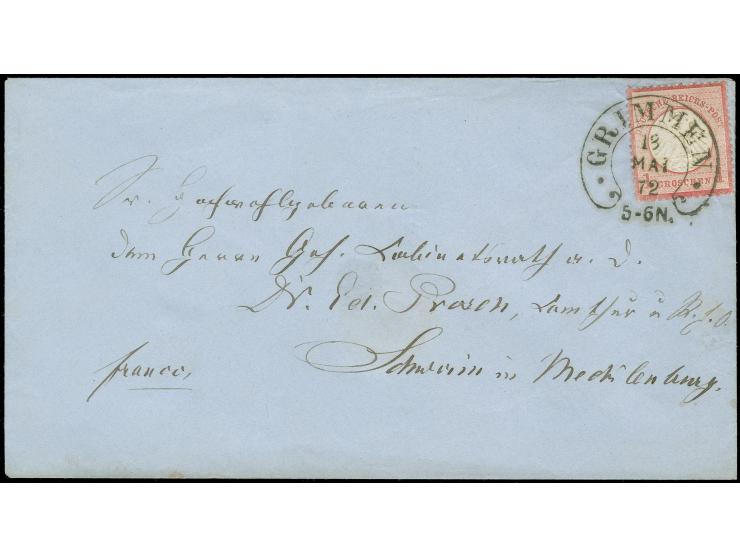 “GRIMMEN 18.MAI.72” (Spalink 15) sehr klar auf kleiner Schild 1 Gr. karmin auf Briefkuvert nach Schwerin mit Ankunftsstempel.