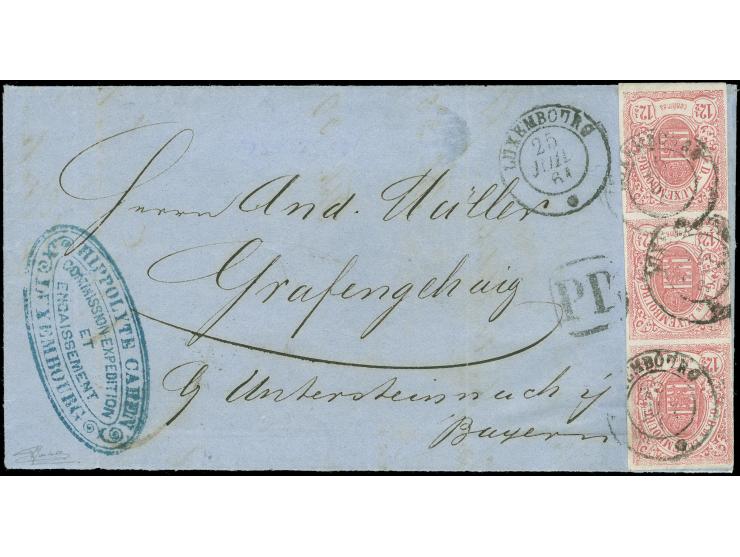 1859, 12½ c. rose, vertical strip of 3, clear to large margins, tied by c.d.s. "LUXEMBOURG 25 JUIL 61" to letter sheet to Bav