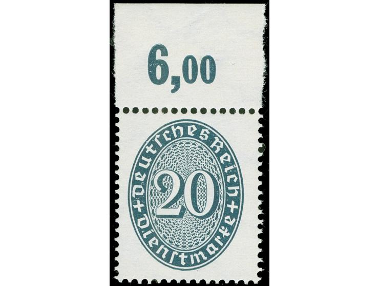 1927/33, Strohhutmuster, 20 Pfg. schwarzblaugrün mit liegendem Wasserzeichen (Wz. 2 Y), Plattendruck-Oberrandstück, postfrisc