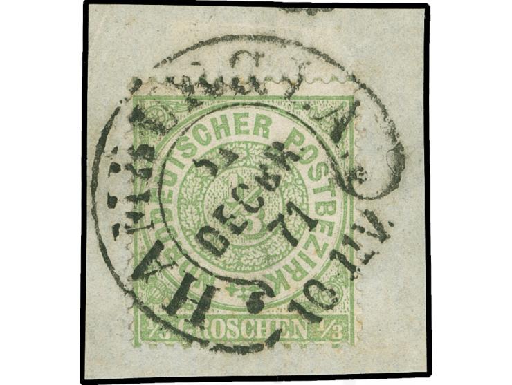 “HAMBURG I.A. 31.DECBR.71” (Spalink 17-2) klar und kpl. auf NDP ⅓ Gr. gezähnt auf Briefstück in einwandfreier Erhaltung. Ein 