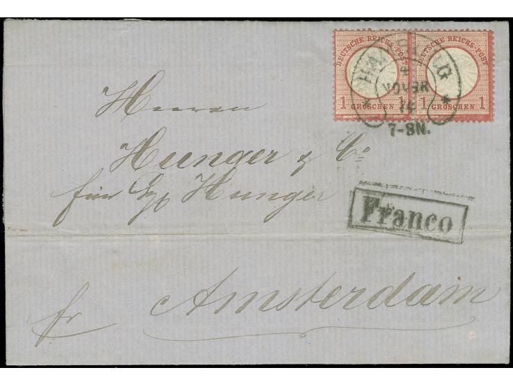 “HAMBURG 4.NOVBR.74" (Spalink 17-7) klar auf waagerechtem Paar großer Schild 1 Gr. karmin als tarifgerechte Mehrfachfrankatur