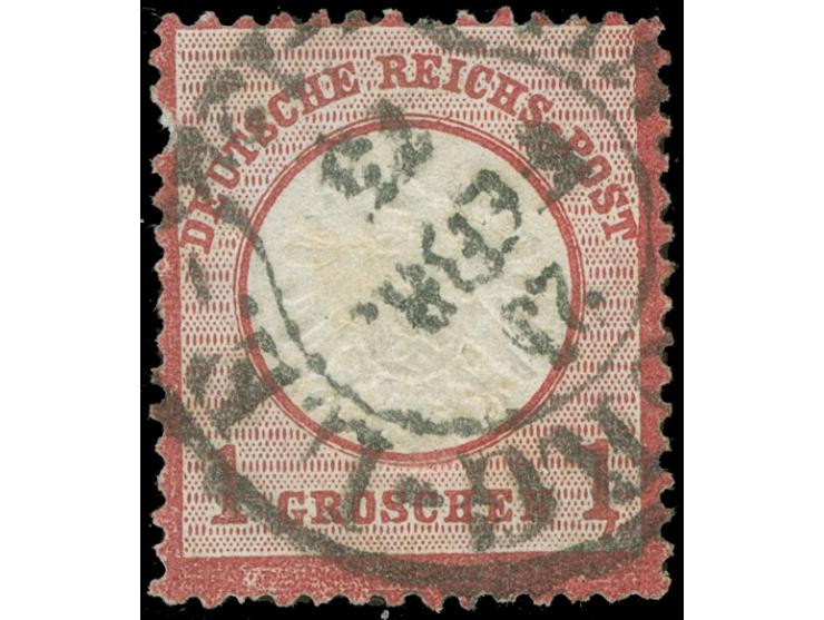 “HAMBURG-L.E. 23.FEBR.75” (Spalink 17-15, klare und fast &nbsp;mittig auf großer Schild 1 Gr. karmin. Die farbfrische Marke i