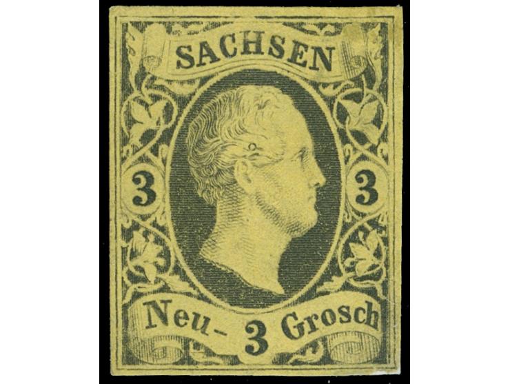 3 Ngr. a. gelb mit 'Sachsenringel' im Schläfenbereich, voll- bis breitrandig, ungebraucht ohne Gummi. Rückseitig kleine Hinte