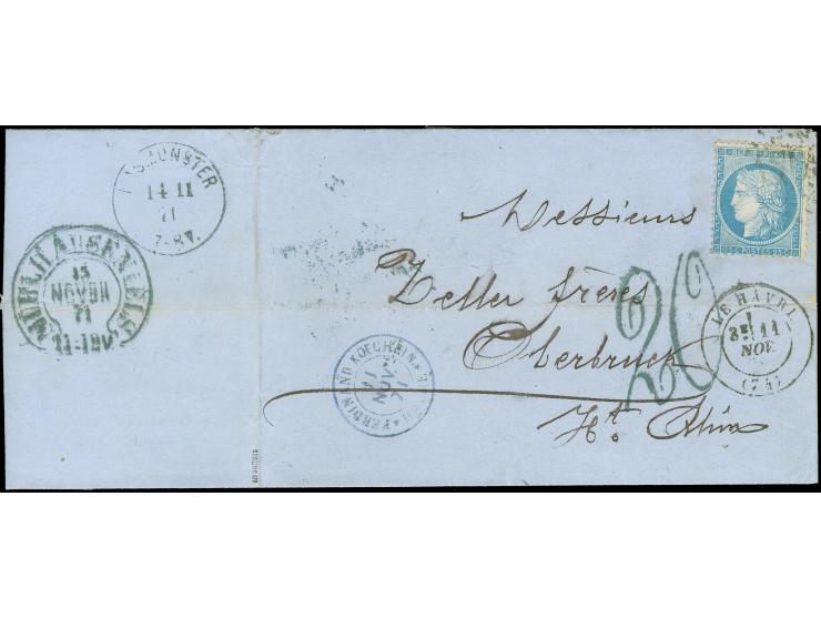 “MÜHLHAUSEN i. ELS 15.NOVBR.71” (Spalink 26-1) klar als Transitstempel rückseitig auf kpl. Faltbrief von “LE HAVRE 11.NOV.71”