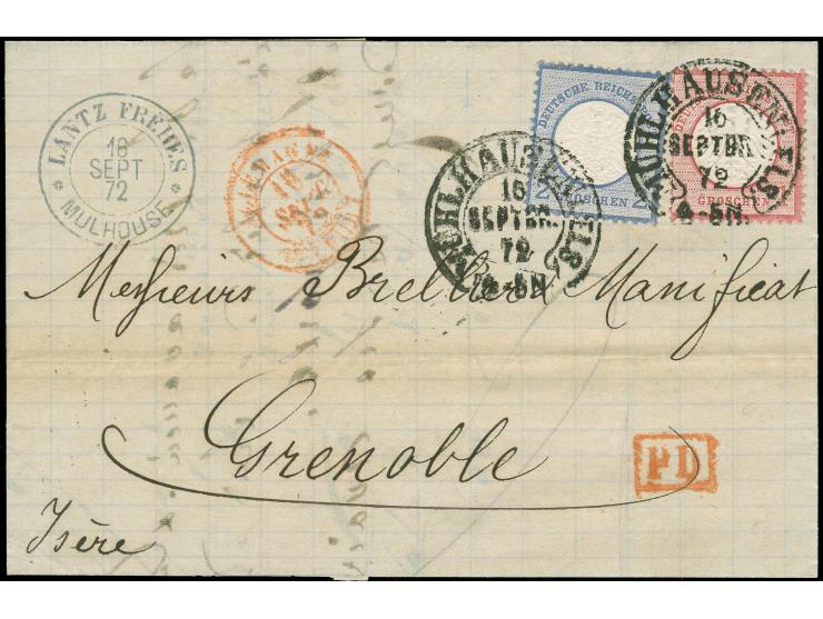 “MÜHLHAUSEN i. ELS. 16.SEPTBR.72” (Spalink 26.2) zweimal klar auf großer Schild 1 und 2 Gr. als tarifgerechte Frankatur auf k