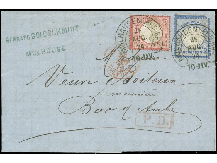 “MÜLHAUSEN i. ELS. BHF. 24.AUG.74” (Spalink 26-9) zweimal klar auf großer Schild 1 und 2 Gr. als tarifgerechte Frankatur auf 