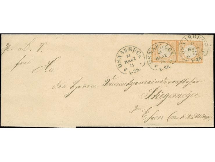 “OSNABRÜCK 21.MÄRZ.72” (Spalink 30-2) mehrfach klar auf senkrechtem Paar kleiner Schild ½ Gr. orange als tarifgerechte Mehrfa