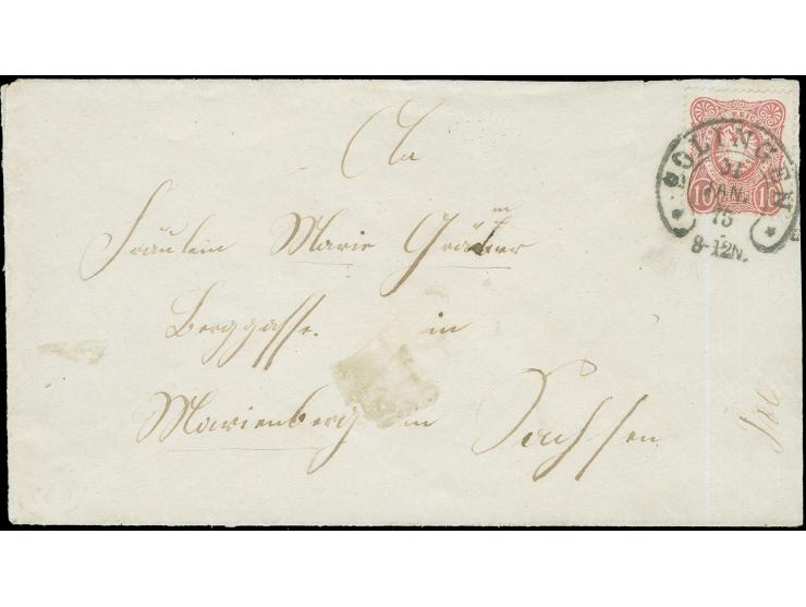 “SOLINGEN 31.JAN.75” (Spalink 34-1) klar auf Ausgabe 1875 10 Pfge karmin auf Briefkuvert nach Marienburg mit Ankunftsstempel.
