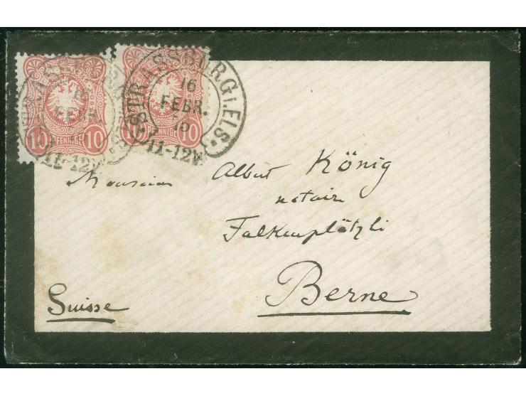 “STRASSBURG i. ELS 16.FEBR.75” (Spalink 36-1N), zweimal klar auf zwei Einzelmarken Ausgabe 1875 10 Pfge karmin als tarifgerec