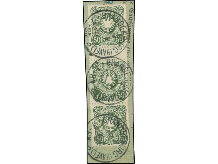 1880, Pfennig, 50 Pfg. dunkelgrünoliv als senkrechtes Zwischenstegpaar mit weiterer anhängender Marke, gestempelt “BRANDENBUR