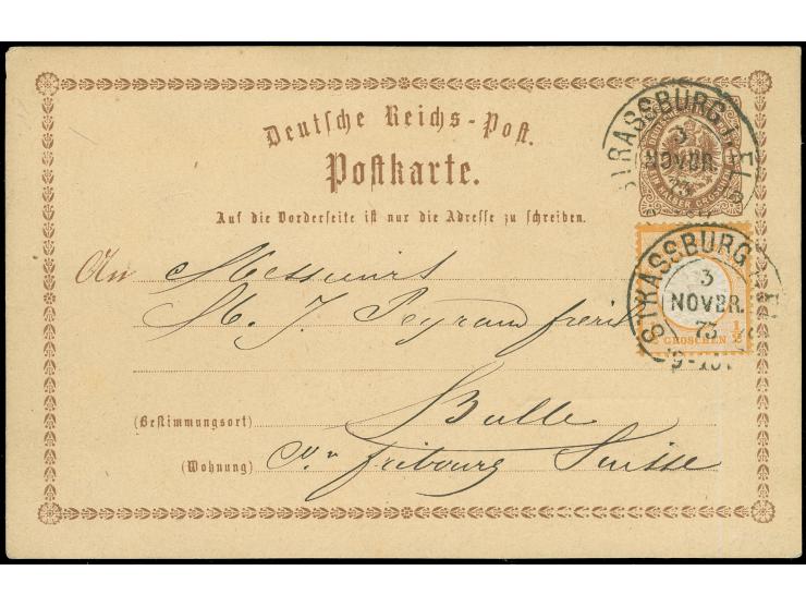 “STRASSBURG i. ELS 3.NOVBR.73” (Spalink 36-4) zweimal klar auf Ganzsachenkarte ½ Gr. mit tarifgerechter Zufrankatur großer Sc