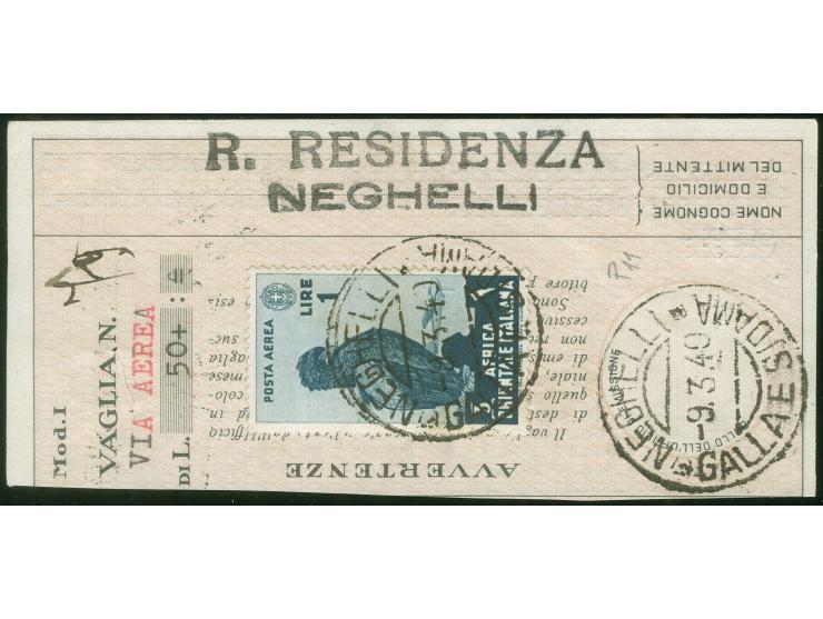 1938, A.O.I. air mail 1 L. blueish-grey tied to £50 receipt by “NEGHELLI GALLAE SIDAMA 9.3.40” cds. to Rome, R. RESIDENZA NEG