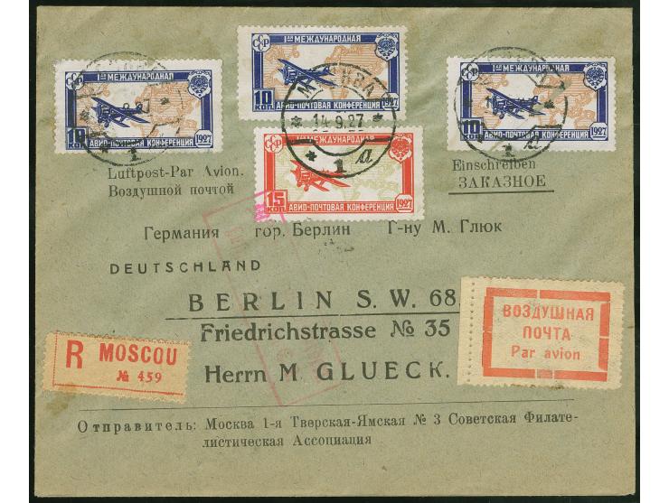 1927, International Avio Post Conference 10 k. and 15 k. tied by MOSCOU 14.9.27 cds. to registered air mail envelope franked 