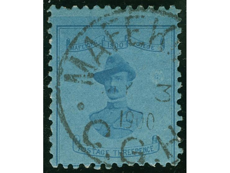 1900, Baden Powell 3 d. pale blue on blue, format 18,5 mm beetween frames, clear part cancelled MAFEKING CGH MY/3 1900, fine.