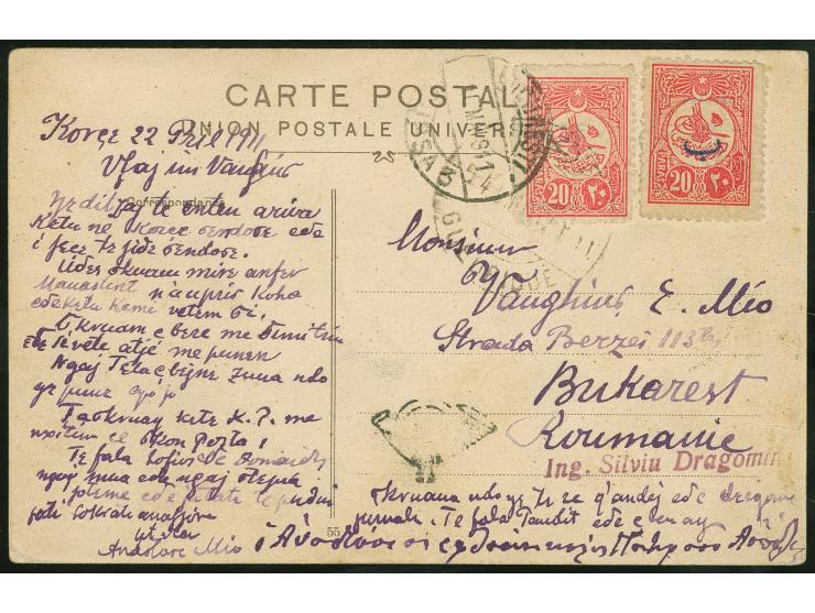 1911, KORITZA : “GUERIDJE” bilingual cds. (Coles-Walker no.50) in black on 20 pa. carmine, tied to postcard to Bukarest, post