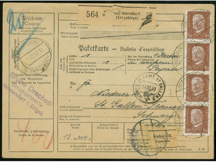 1930, Hindenburg 50 Pf. orangebraun zwei Viererstreifen je vorderseitig und rückseitig auf Paketkarte von Hormersdorf (Erzgeb