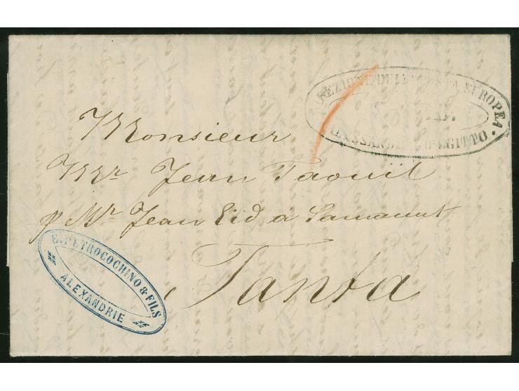 1857, entire letter in French from Alexandria to struck with DIREZIONE DELLA POSTA EUROPEA / ALESSANDRIA D'EGITTO 5.FEB oval 
