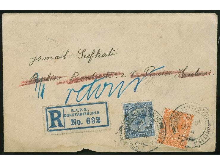 1919, 2 d. orange and 2½ d. blue tied to registered cover by BRITISH A.P.O. CONSTANTINOPLE 14/OC/19 cds. (type Z12) to Ismail