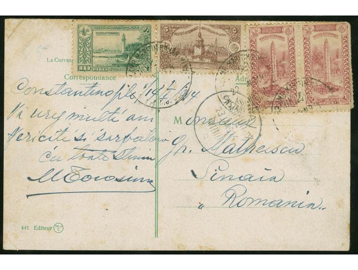 1914, Turkey pair 2 pa. violet, 5 pa. brown and 10 pa. green tied to postcard from Constantinople by "BUR. AMB. MARITIM ROMAN