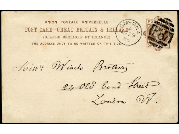 1886, Smyrna: Great Britain 1 d. brown postal stationery card cancelled with bold barred numeral ´F87´ with ´Smyrna A MR 29 8