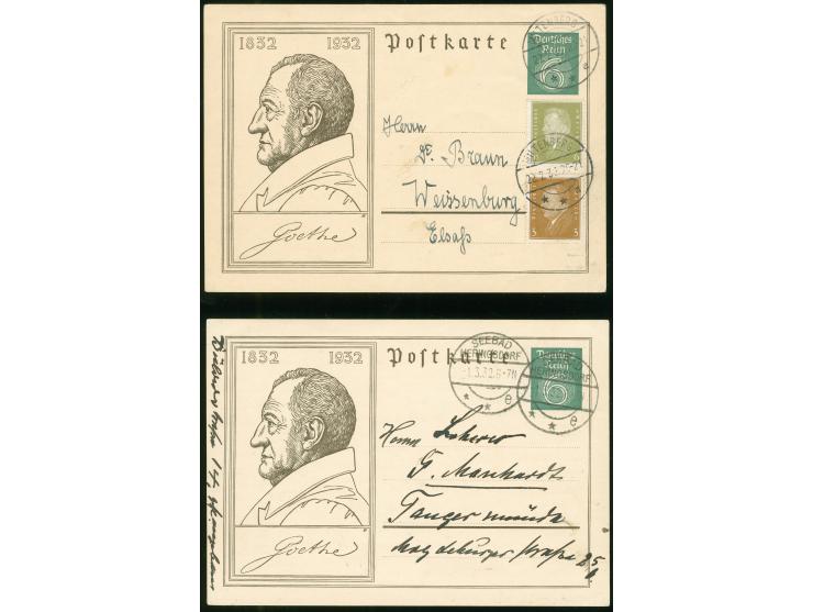 1932, Goethe, &nbsp;Karte 6 Pfg. mit Ersttagsstempel bedarfsgebraucht von Heringsdorf nach Tangermünde sowie mit Zufrankatur,