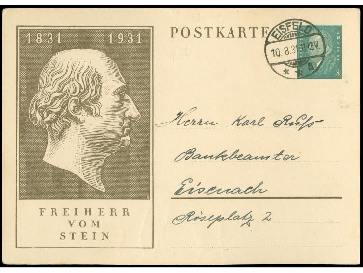 1931, Freiherr vom Stein, Karte 6 Pfe. mit Ersttagsstempel "EISFELD 10.8.31" nach Eisenach