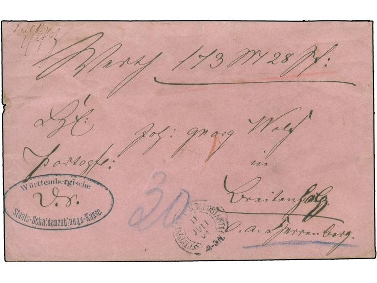 “STUTTGART KW. POSTAMT 11.7.84” (Spalink 37-1) recht klar auf Wertbrief mit Tax-Vermerk “30” (Pfg.) in blau, rückseitig mit f