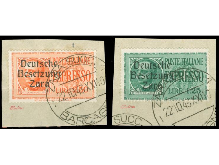 1943, 1,25 L. grün und 2,50 L. dunkelrotorange, mit Stempel “ZARA 22.10.43” auf zwei Briefstücken, tadellos, sign. Ludin BPP,
