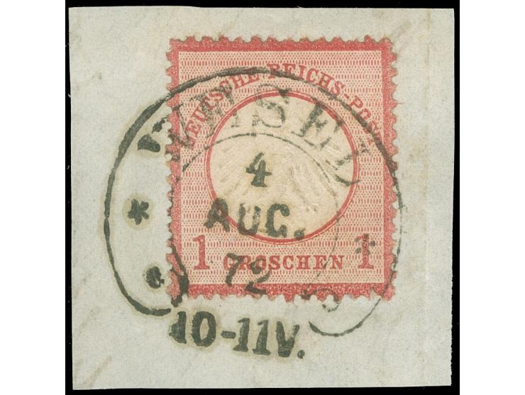“WESEL 4.AUG.72” (Spalink 40) klar und fast zentrisch auf kleiner Schild 1 Gr. karmin auf Briefstück. Die farbfrische Marke i