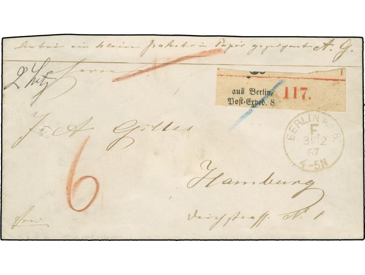"BERLIN P.E.8. F 31.12.67" &nbsp;in grau, sauber auf Paketbegleitbrief mit Rötelvermerk "6" (Silbergroschen) nach Hamburg mit