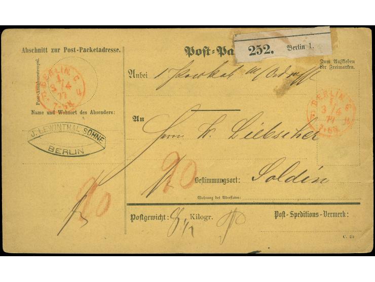 "BERLIN C1. F.u 3/4.77" zweimal klar in rot auf kompletter Paketkarte mit Rötelvermerk "90" (Pfennig) nach Soldin mit Ankunft
