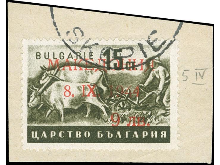 1944, 9 L. auf 15 St., mit Aufdruckfehler “erste 4 in 1944 offen” (Aufdruckfeld 22), gestempelt “Skopie” auf Briefstück, tade