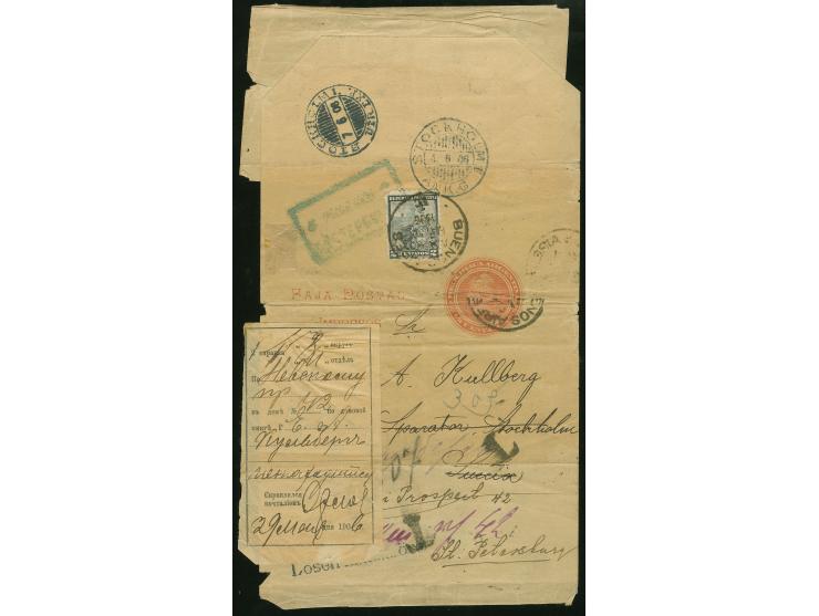 1906, ½ Cc. red postal stationery wrapper used uprated with 2 c. slate blue to Stockholm / Sweden and redirected to St. Peter