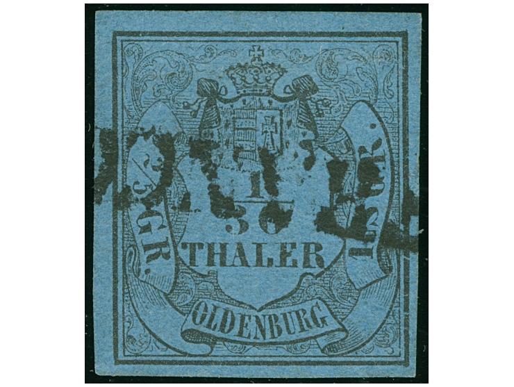 1852, 1/30 Th. auf blau, Type II, allseits voll- bis breitrandig mit schwarzem L1 “FRANCO”, in einwandfreier Erhaltung, Fotob